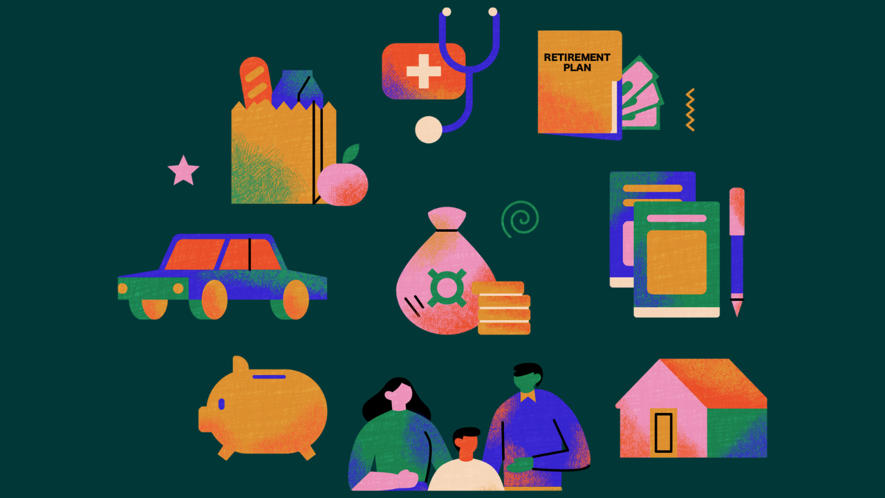 Colourful illustration of a family, surrounded by various types of expenses
